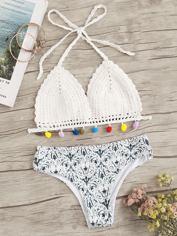 

Crochet Pom-pom Trim Top With Random Porcelain Bikini, Multicolor