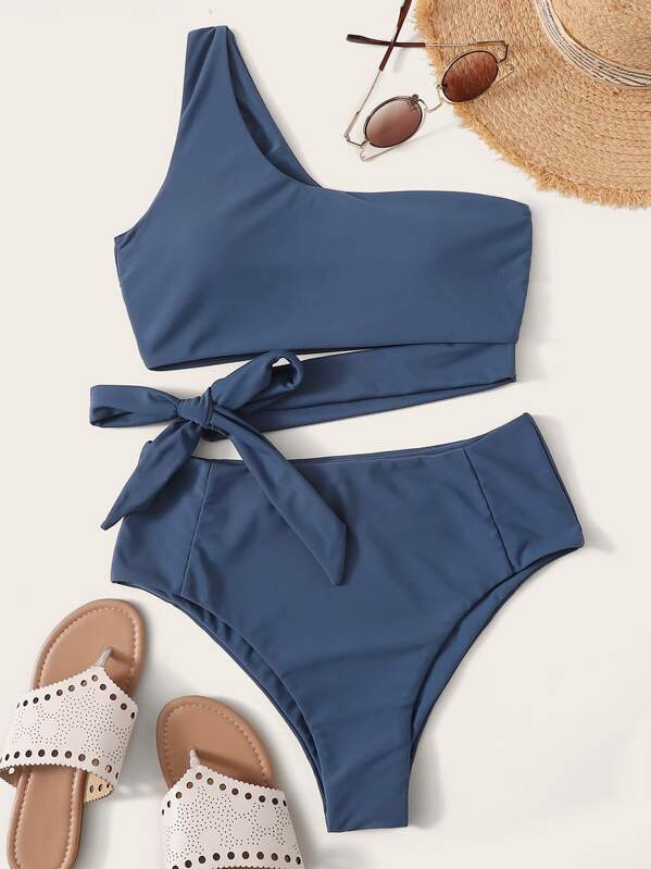 

One Shoulder Top With High Waist Bikini Set, Blue