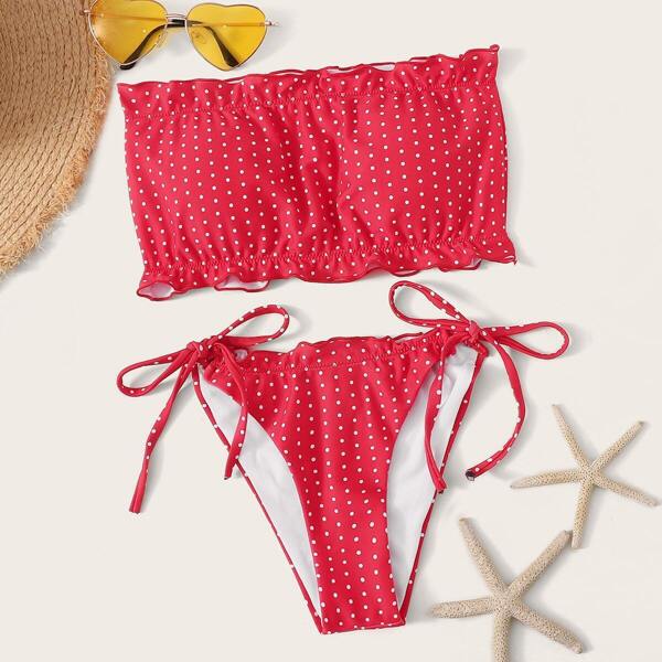 

Polka-dot Ruffle Bandeau With Tie Side Bikini Set