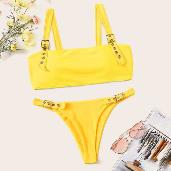 

Eyelet Buckle Top With Tanga Bikini Set, Yellow bright