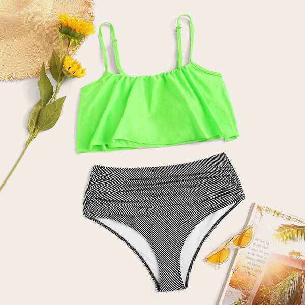 

Neon Green Flounce Top With Striped Ruched Bikini, Multicolor bright