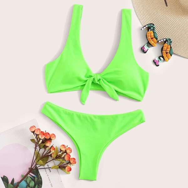 

Neon Green Tie Front Top With Hipster Bikini Set