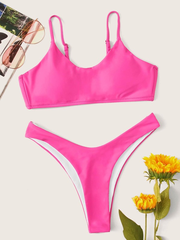 

Spaghetti Strap Top With High Leg Bikini Set, Pink