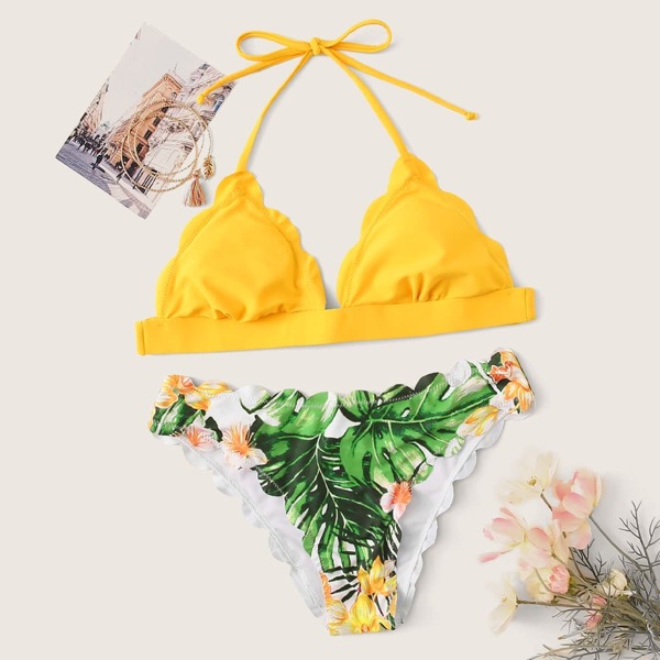 

Scallop Trim Halter Top With Topical Bikini Set