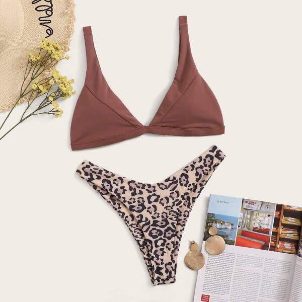 

Triangle Top With Leopard Print High Leg Bikini, Multicolor