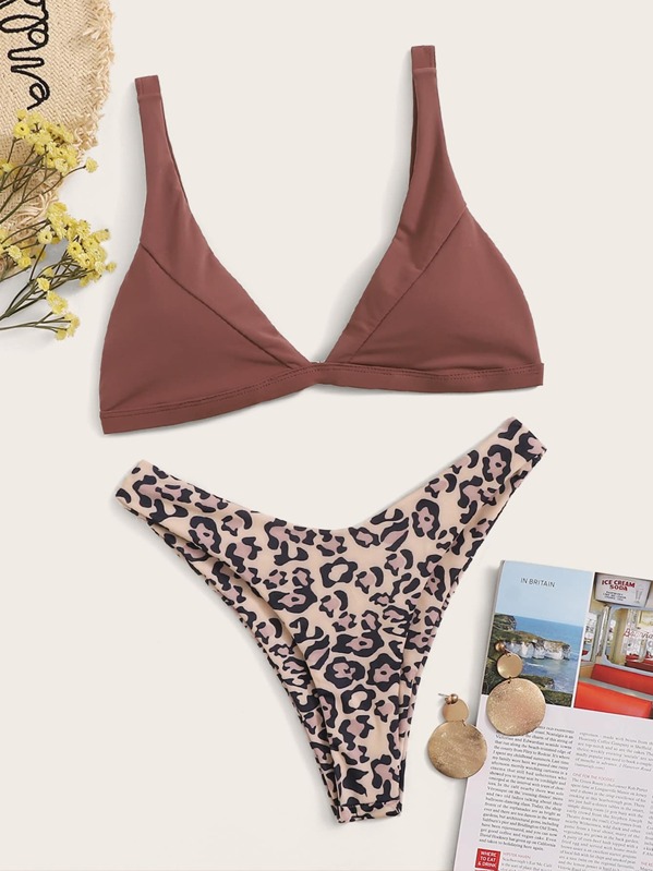 

Triangle Top With Leopard Print High Leg Bikini, Multicolor