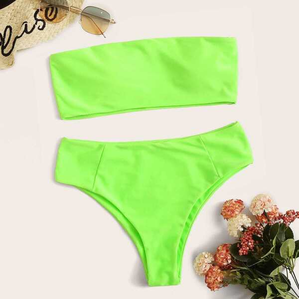 

Neon Green Bandeau With High Waist Bikini Set, Green bright