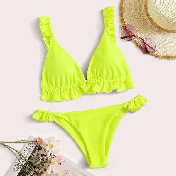 

Neon Lime Frill Trim Top With Elastic Tanga Bikini