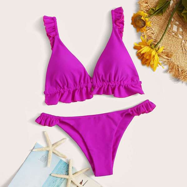 

Frill Trim Top With Elastic Tanga Bikini