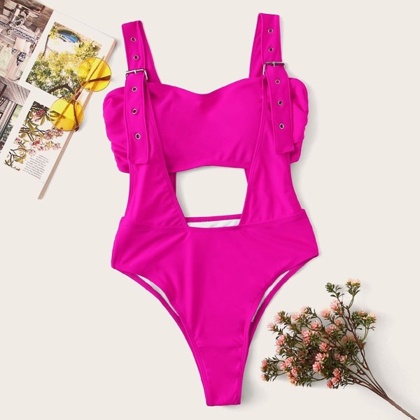 

Neon Pink Eyelet Buckle One Piece Swimwear