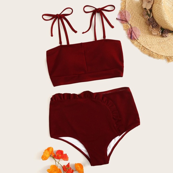 

Tie Shoulder Top With Frilled High Waist Bikini Set, Burgundy