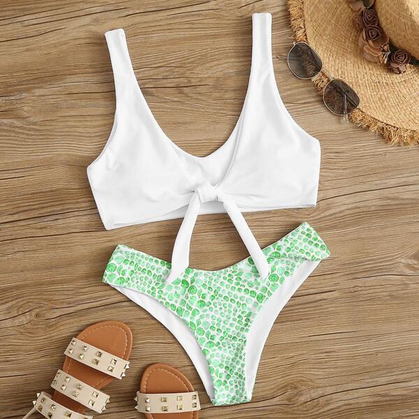 

Knot Front Top With High Leg Bikini Set