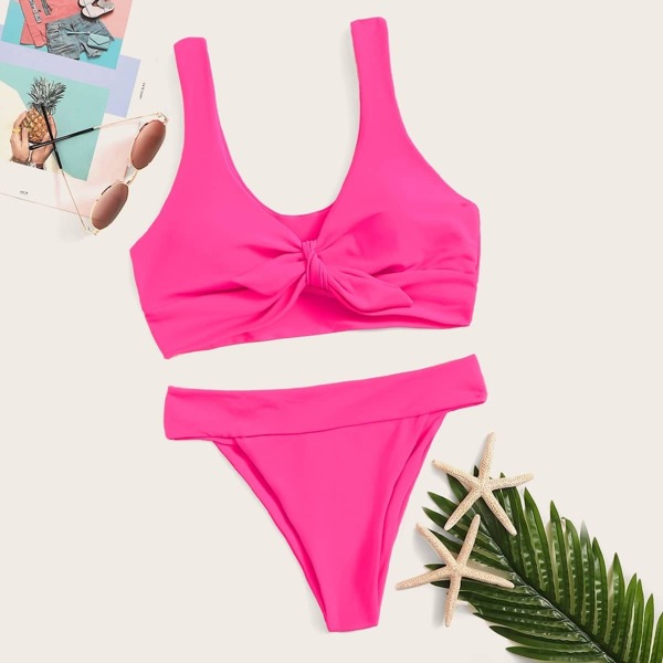 

Neon Pink Tie Front Top With Tanga Bikini Set, Pink bright