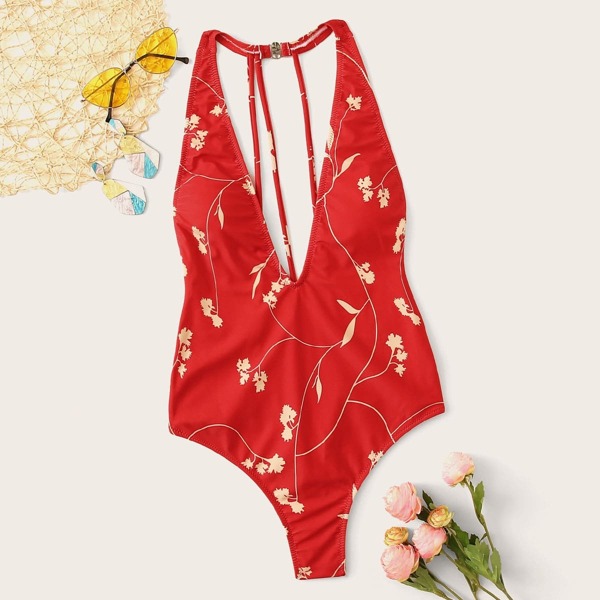 

Flower Print Banyans String Back One Piece Swimsuit