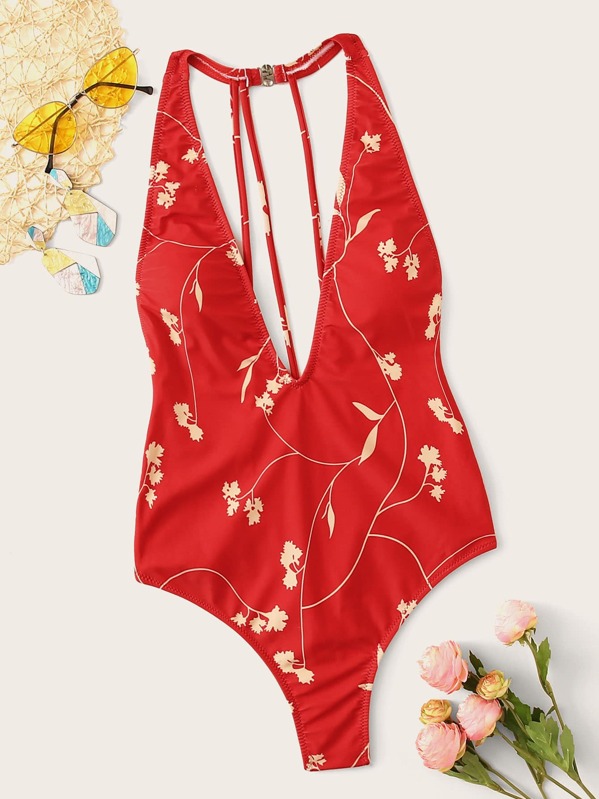 

Flower Print Banyans String Back One Piece Swimsuit, Red