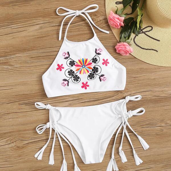 

Flower Print Halter Top With Tie Side Bikini Set