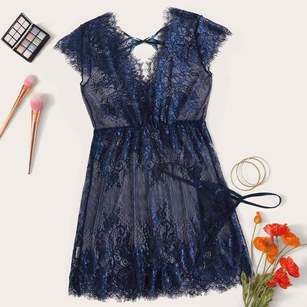

Eyelash Lace Dress With Thong, Navy blue