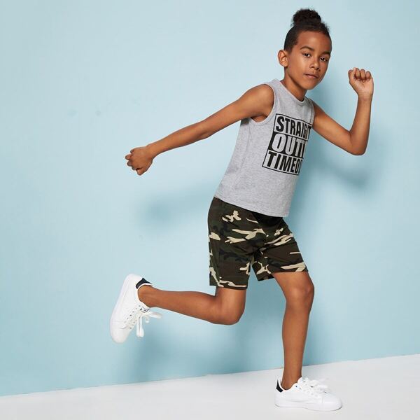 

Boys Slogan Print Tank Top & Camo Shorts Set, Multicolor