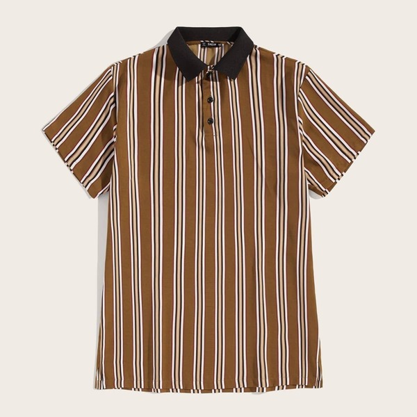

Men Contrast Collar Striped Polo Shirt, Brown