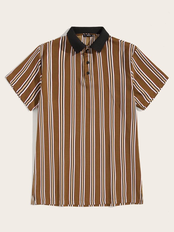 

Men Contrast Collar Striped Polo Shirt, Brown