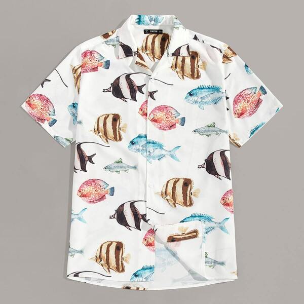 

Men Button Front Fish Print Shirt, Multicolor