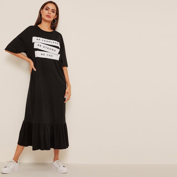 

Slogan Print Flounce Hem Tee Dress, Black