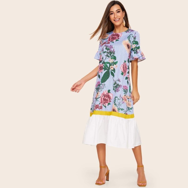 

Bell Sleeve Botanical & Striped Flounce Hem Dress, Multicolor
