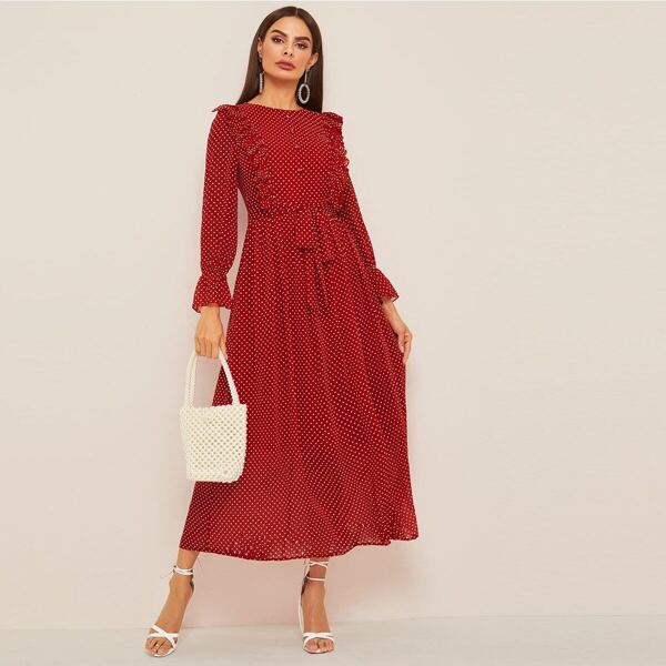 

Button Front Ruffle Trim Polka Dot Belted Dress, Red