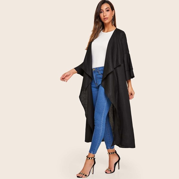 

Waterfall Collar Layered Bell Sleeve Kimono, Black