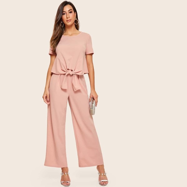 

Tie Hem Top & Wide Leg Pants Set, Pink