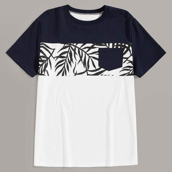 

Men Contrast Panel Leaf Print Tee, Multicolor