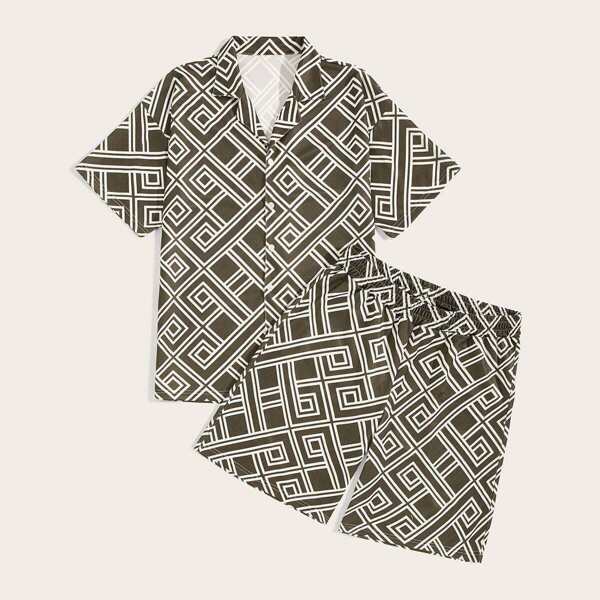 

Men Greek Fret Print Shirt & Shorts
