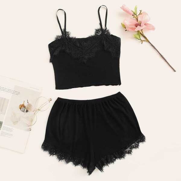 

Contrast Lace Ribbed Cami PJ Set