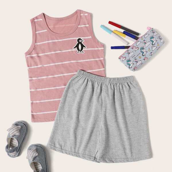 

Toddler Girls Penguin Print Striped PJ Set