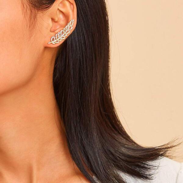 

Feather Shaped Rhinestone Stud Earrings 1pair, Gold