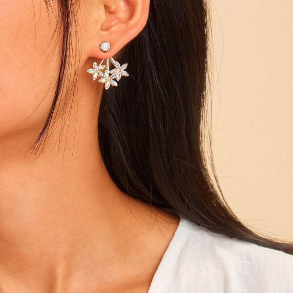 

Triple Rhinestone Flower Stud Earrings 1pair, Gold