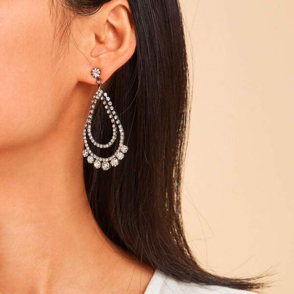 

Rhinestone Water-drop Double Layered Drop Earrings 1pair