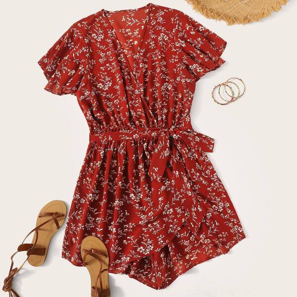 

Plus Ditsy Floral Surplice Front Tie Side Romper, Red