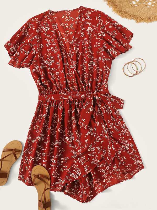 

Plus Ditsy Floral Surplice Front Tie Side Romper, Red
