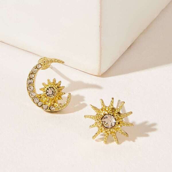 

Rhinestone Decor Sun & Moon Mismatched Stud Earrings 1pair, Gold