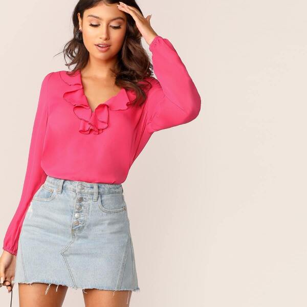 

Neon Pink Lantern Sleeve Ruffle Trim Top