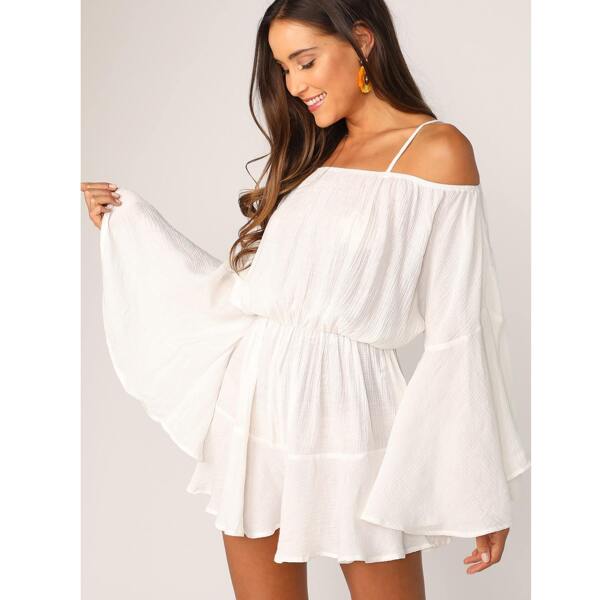 

Exaggerate Bell Sleeve Romper With Adjustable Strappy, White