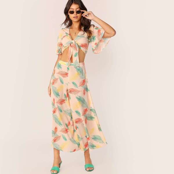

Pleated Flutter Sleeve Knot Top and Palazzo Pants Set, Multicolor