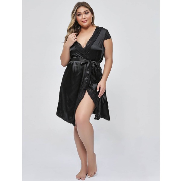 

Plus Contrast Lace Satin Robe With Thong & Belt, Black