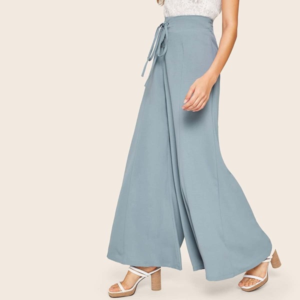 

Solid Gommet Lace Up Wide Leg Pants, Blue
