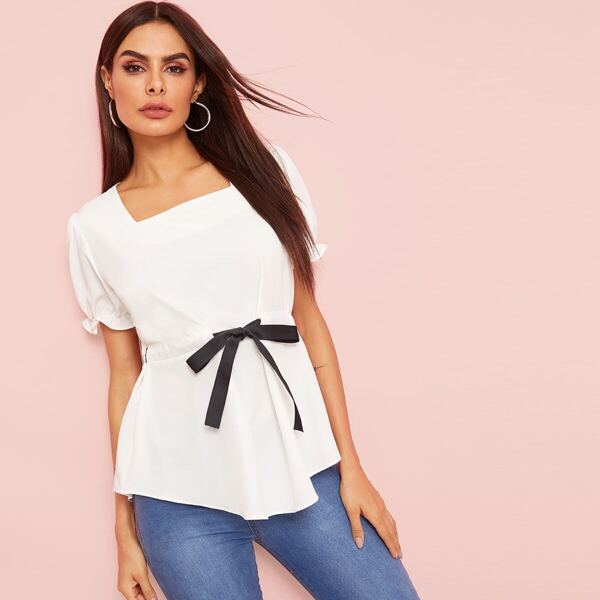 

Puff Sleeve Drawstring Waist Blouse