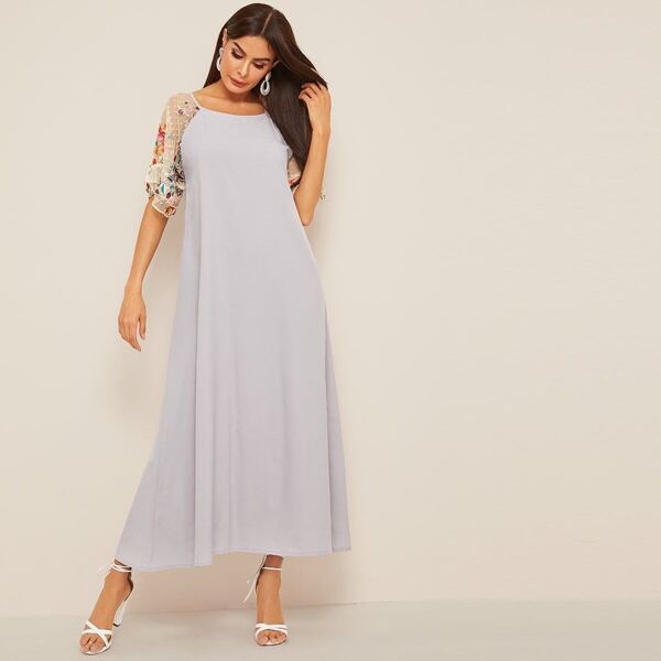 

Floral Embroidered Contrast Dot Mesh Sleeve Dress, Grey