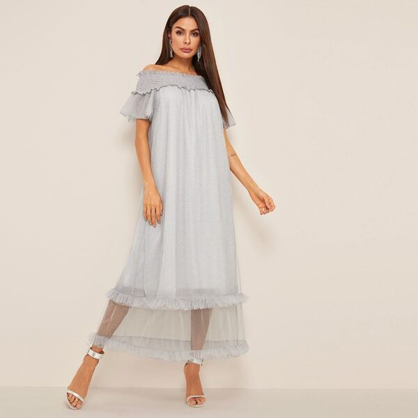 

Shirred Neck Mesh Maxi Dress, Grey