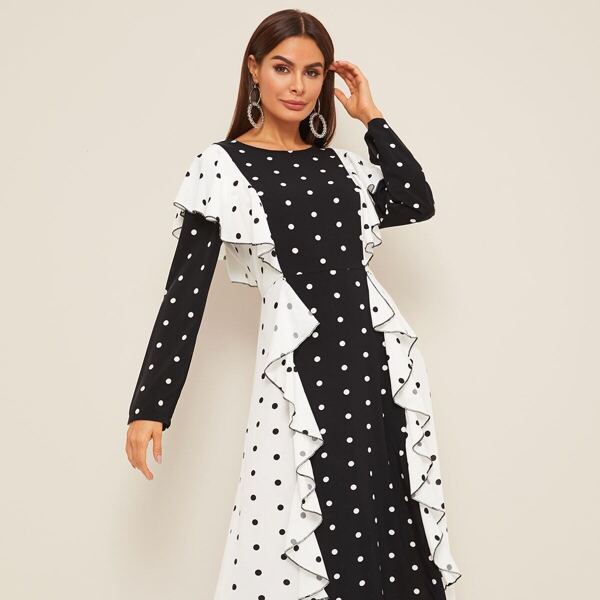 

Polka Dot Ruffle Trim Maxi Dress, Black and white