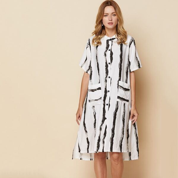 

Striped Print Dual Pocket Shirt Dress